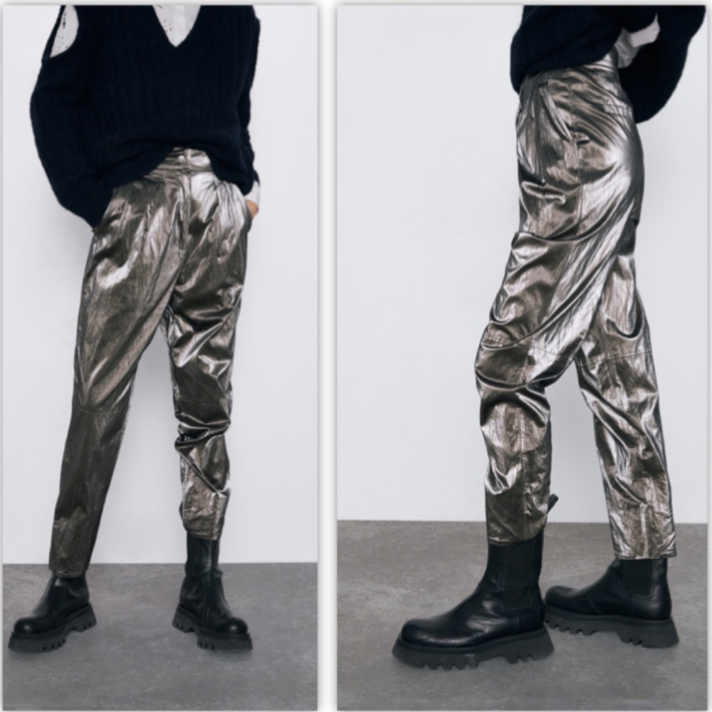 Zara Wrinkled-effect Metallic Trousers NWT - Picture 8 of 12